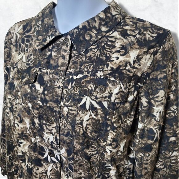 CJ Banks NWT Floral Black & Tan Long Sleeve Button-Up Blouse - Picture 5 of 7